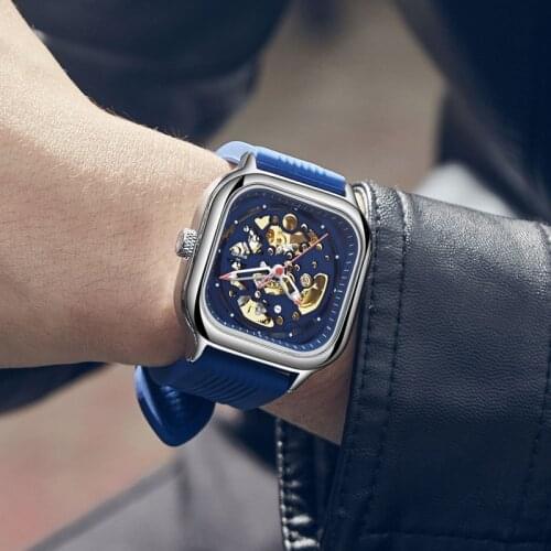 SWISH Luxury Sports Mechanical Watches Men Top Brand Luxury Blue Rubber Strap Square Automatic Wristwatch Mens Relogio Masculino