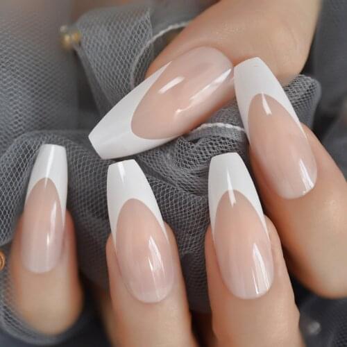 Long Shiny French Nail Natural Nude Full Cover Plastic Artificial Fingernails DIY Nail Tips Manicure Ballerina Nails