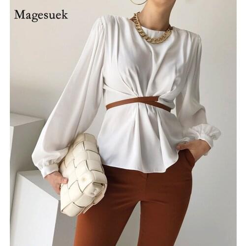 Elegant Fashion White Blouse Women Autumn Round Neck Chic Cross Belt Slim Womens Shirt Korean Long Sleeve Blusas De Mujer 16120