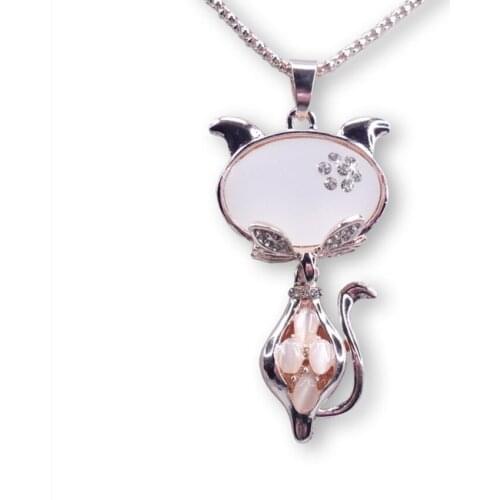 Ethnic Style Silver Plated Lovely Fox Shape Pendant Cat Eye Stone Necklace with Rhinestone Animal Jewelry
