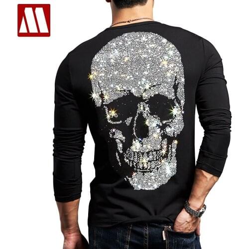 New Punk Style Men Skull T-shirt Long Sleeves Black Hot Drill Mans Tee Summer Brand Male Clothing Homme Diamond Stone T Shirts