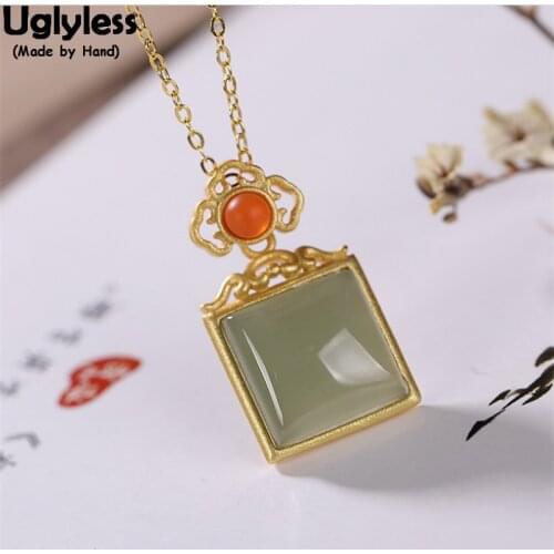 Uglyless Natural Green Jade Square Jewelry Sets for Women Minimalist Geometric Party Dress Necklaces Rings Set Solid 925 Silver