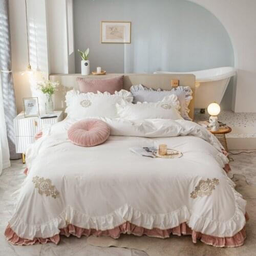 Princess Style White Ruffle Bed Skirt Cotton Bedding Set Duvet Cover Set Bed Linen Pillowcase Fitted Sheet HomeTextile 4PCS