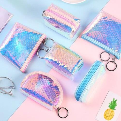 Teenage Girl Purses Laser Fish Scale Pattern Coin Purse Fashion Female Shell Semicircle Square Shinny Pu Clear Mini Wallet Women