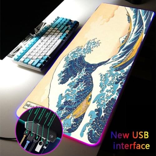 MRGLZY Great Wave Landscape RGB Mouse Pad Multi-interface Four USB Docking Dock USB Hub MousePad Gaming Backlit Keyboard DeskMat