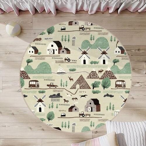 Krem Rengi Yuvarlak Çocuk Odası Halısı ev ağaç dağ ahır at hayvan