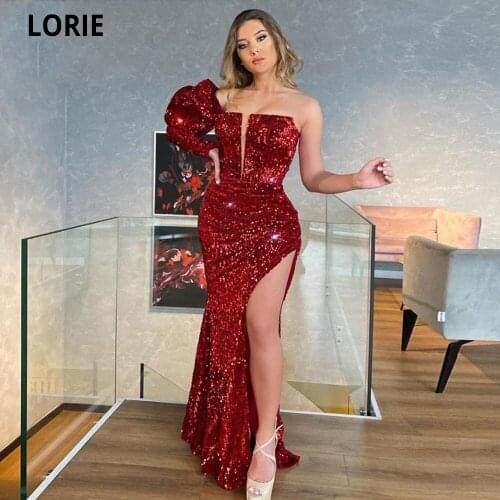 LORIE Shiny Burgundy Formal Celebrity Dresses Mermaid Plus Size 2020 Glitter Sequined One Shoulder V-neck Long Prom Party Dress
