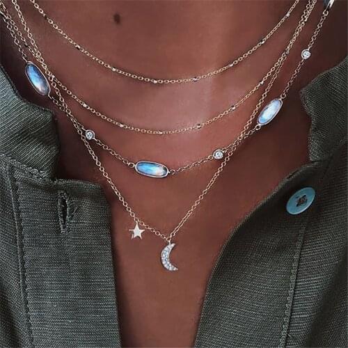 2020 Fashion Gold Necklace Geometric Pendant Necklaces For Women Boho New Multilevel Crystal Star Moon Sun Female Jewelry Gift