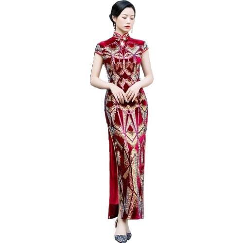 2020 New Fashion Sequins Embroidered Evening Dress High-slit Formal Occasion For Women Velour Short-Sleeve Long China Cheongsam