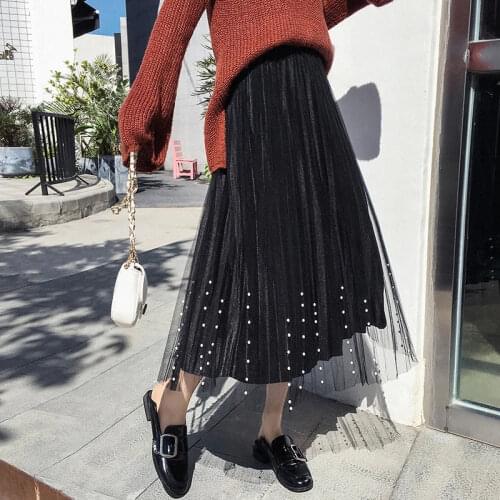 The new high-waisted gold velvet mesh pleated skirt has a long Korean version of the high-waisted slim joker skirt long skirt