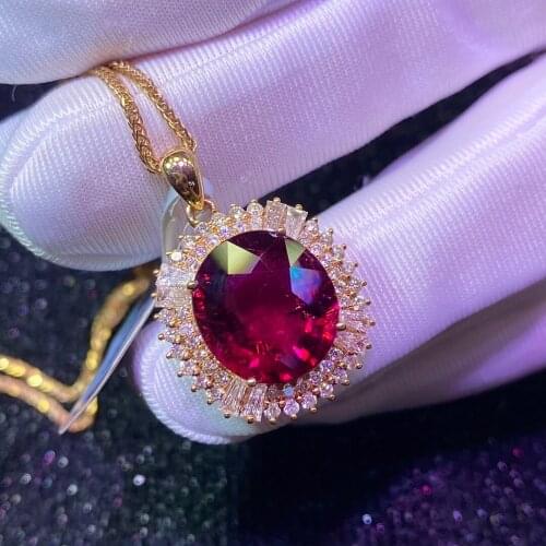 Rubillite Tourmaline Pendant Real 18K Gold Natural Rubillite Tourmaline 6.5ct Gemstones Diamonds Pendant Necklace