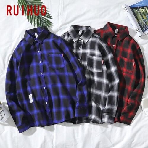 RUIHUO Plaid Shirts For Men Clothing 2021 Fashion Streetwear Men Shirt Vintage Long Sleeve Plaid Shirt Men Clothes M-3XL