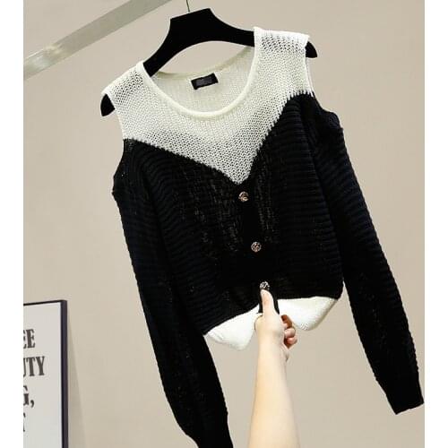 Sexy Off-Shoulder Sweater Women Long Sleeve Knitted Shirt Womens Tops Short Loose Jumper