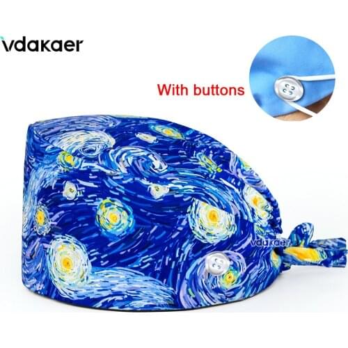 New Frosted hat Personalized printing Scrubs Hats adjustable beauty salon work scrub cap lab pet shop scrub cap with button
