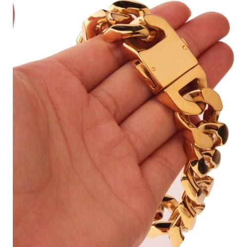 High Quality Mens Bracelet Jewelry 21.5cm Stainless Steel Dubai Gold Color Heavy Chunky Link Chain Bracelets & Bangles