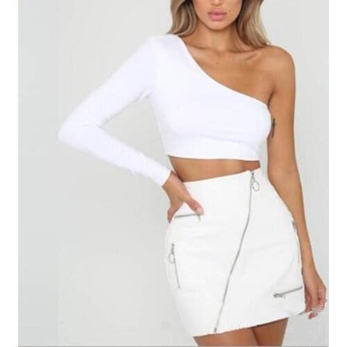 One Shoulder Slope Neckline Blouse Sexy Solid Long Sleeve Womens Blouse White Black Crop Top Ladies Blouse 2021 New Fashion
