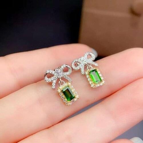 Grace lovely bowknot natural diopside stud earrings 925 sterling silver natural green gemstone earrings women for anniversary