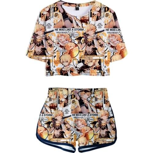 3D Full Printed Genshin Impact Women Two Piece Sets Crop Tops T-shirt+Shorts Summer Hip Hop Girls Pretty Cartoon Game Suits
