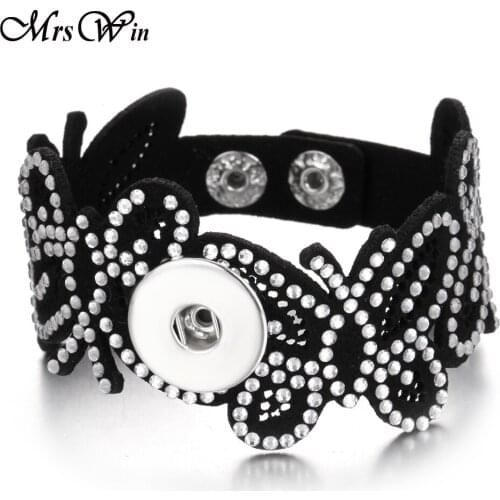 New Snap Jewelry 18mm Snap Button Bracelet Butterfly Crystal Leather Snap Bracelet for Women Buttons Jewelry