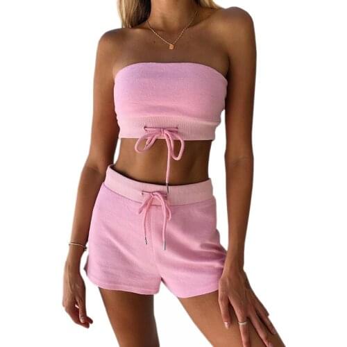 Summer Casual Sportswear Women 2 Pieces Sets Off Shoulder Sleeveless Crop Tops Women Suits Solid Ladies Drawstring Shorts Set