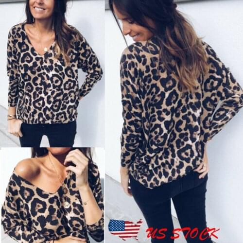 Women V Neck Sweatshirt Long Sleeve Leopard Print Pullover Tops Blouse T-shirt