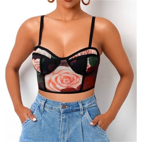 2021 New Women Rose Floral Vintage Cropped Tank Tops 2021 Summer Spaghetti Strap Corset Crop Top Club Sexy Camis Female