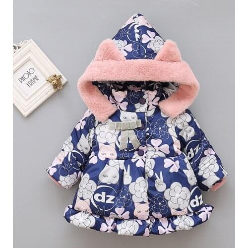 1 2 3 4 5 Years Children Snow Wear Winter Girl Jackets Plus Velvet Thick Jacket For Girls Coats Cute Printing Hooded Kid Outwear