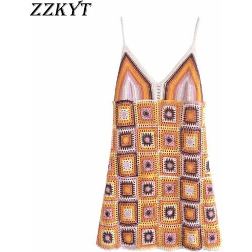 ZZKYT 2021 Women Summer Fashion Plaid Knitted Mini Dress Vintage V Neck Sleeveless Backless Crochet Female Party Dresses Mujer