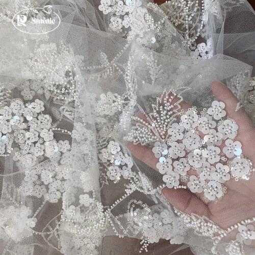 2021 New Milk White Beads Sequins Silver embroidery Bride Lace Fabric Luxury Evening Dress French Lace RS3100