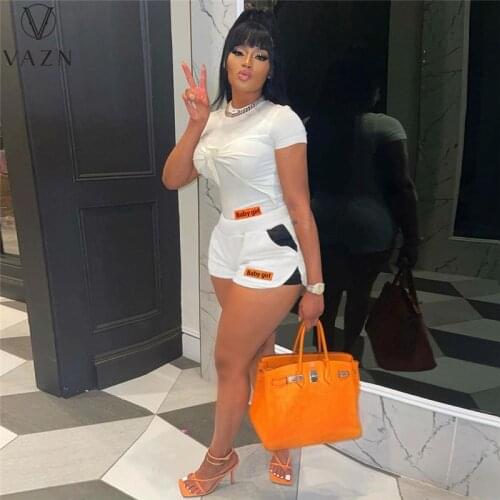 VAZN 2021 Solid Summer Bandage O-Neck Short Sleeve Elegant Street Clothing Suits 2 Piece Set Women Top And Pant