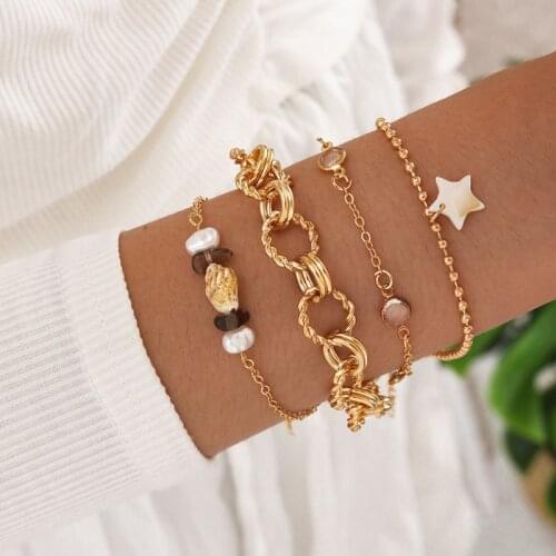 4 Pcs/Set Bohemian Gold Color Shell Gem Beads Star Bracelets Set Fashion Multilayer Bracelets for Women Jewelry Accessories