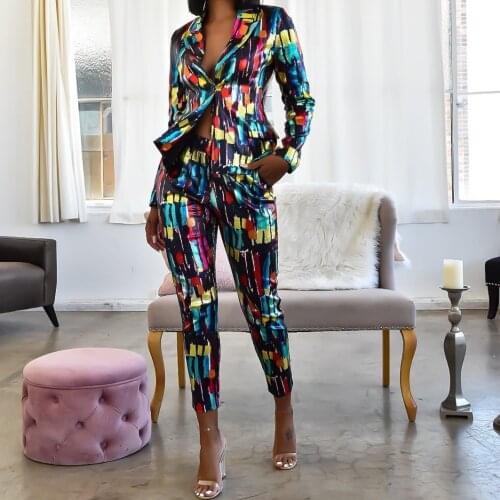 Africa Sexy Office Print Suit Women 2 Piece Set Colorful Print Suits Women Single Button Women Suits Office Set Formal Autumn