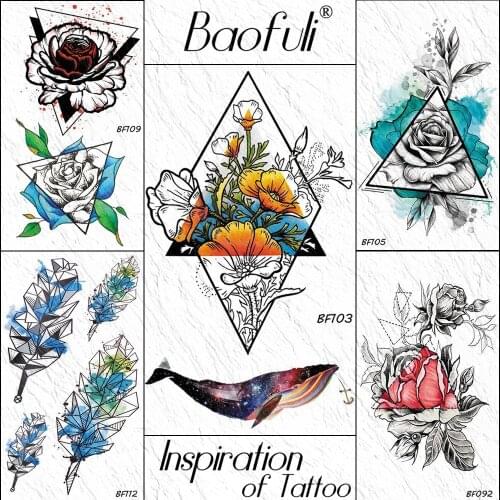 Diamond Geometric Triangle Chrysanthemum Flower 3D Temporary Tattoo Sticker Leaves Tatoo Body Art Fake Bloom Waterproof Tattoos