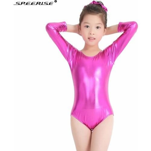 SPEERISE Girls Shiny Metallic Long Sleeve LeotardS Gymnastics Spandex One-piece Leotards Bodysuit Ballet Dance Costumes Kids