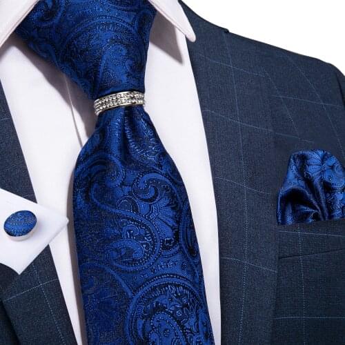 DiBanGu Design Mens Necktie Navy Blue Paisley Silk Wedding Tie For Men Necktie Ring Hanky Cufflinks Tie Set Business Party