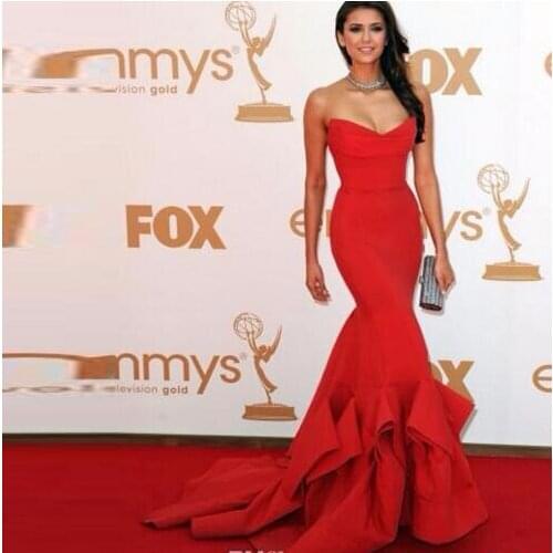 Red Formal Celebrity Dresses Mermaid Deep V-neck Satin Backless Long Evening Dresses Famous Red Carpet Dresses