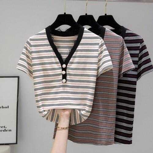 Short Sleeve Buttons Female Clothing Striped T Shirt Women Clothes Dames Kleding Plus Size Ladies Tops Camisas De Mujer 2021