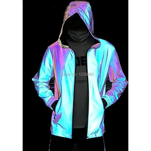 Holographic Rainbow Reflect Jacket Coat Festival Hoodies Jacket Womens Celebrity Birthday Outfit Rave Costume Singer Dance Wear