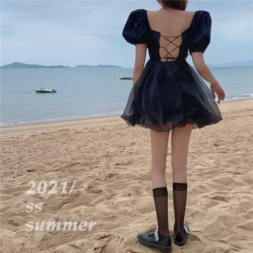 Summer Super Fairy Mesh Puff Sleeve Dress WomenSexy fashion Backless Square Collar Birthday partyPrincess Dress New 2021