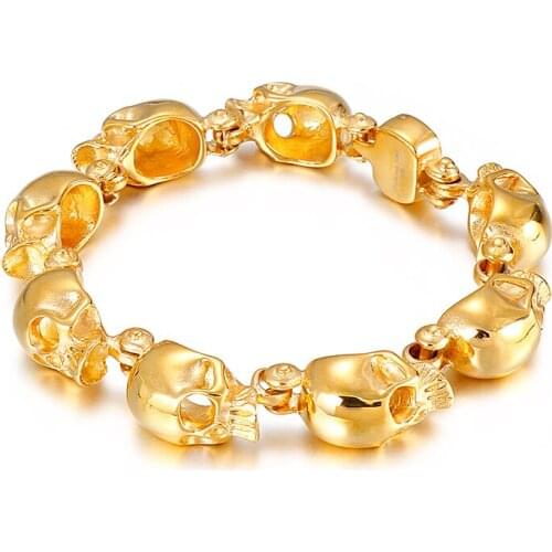 HAOLYNJOY Hip Hop Rock Mens Stainless Steel Sparkling Gold Bracelet Skull Arrangement Wristband