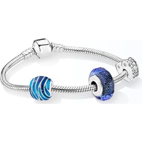 NEW 100% 925 Sterling Silver Brand New Bracelet Set Dark Blue Ocean Charm Temperament Bracelet Set Fit DIY Gift