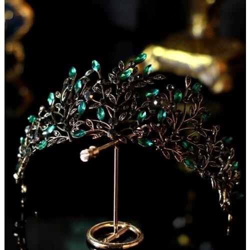 Luxury Baroque Black Green Crystal Leaf Bridal Crown Tiaras Rhinestone Crowns Infantis Brides Headbands Wedding Hair Accessories