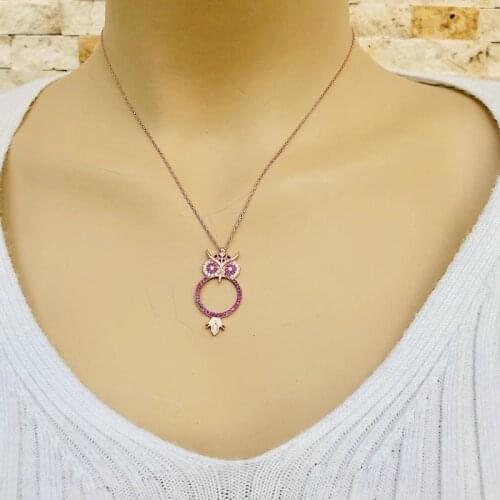 Pink Owl 925 Sterling Silver Necklace Women Girls Gift Jewelry Accessories Fashion Handmade Elegant Chain