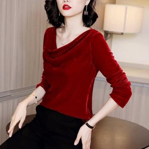 Russian luxury sexy Pleated collar long sleeve velour blouse,Plus size Autunm Elegant vintage velvet shirts 5XL 6XL Spring tops