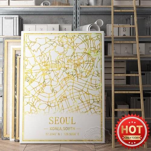 Seoul Korea South Golden Line City Map Poster, Modern Nordic Living Room Decor Painting, World Tavel City Gold Foil Map Prints