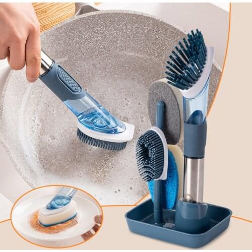 2 In1 Long Handle Cleaning Brush With Removable Brush Head Sponge Soap Dispenser Dish Washing Brush Set Kitchen Clean Tools