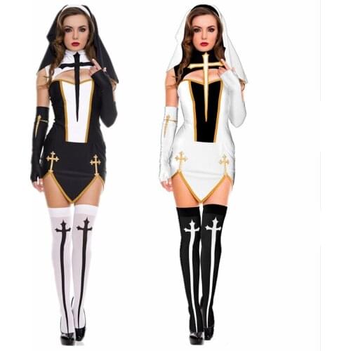 Sexy Black White Virgin Mary Nun Costume Halloween Cosplay Christian Missionary Nun Fancy Dress