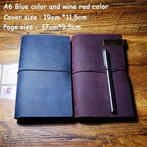 Hatimry A6 size vintage leather travelers journal notebook Blue and Wine red color loose-leaf 100 sheets paper school supplies