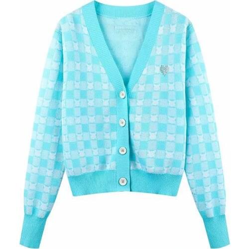 Blue Plaid Korean Style Knitted Womens Cardigan for Autumn 2021 Loose Fall V-Neck Sweater New Office Ladies Long Sleeve Top