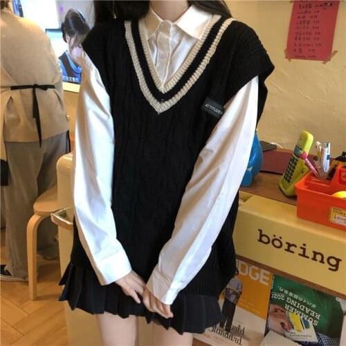 Casual Sweater Vest Women 2021 Fall Winter Korean Preppy Style Striped V Neck Sleeveless Pullover Knit Tank Top Waistcoat T706